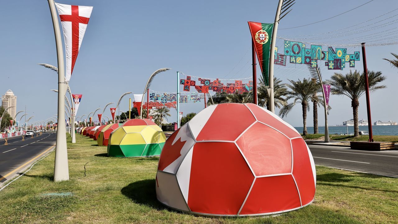 DOHA, QATAR - NOVEMBER 15: A view of the city decorated with flags, World Cup figures, giant posters of teams and football stars ahead of the FIFA World Cup to be hosted by Qatar on November 15, 2022.