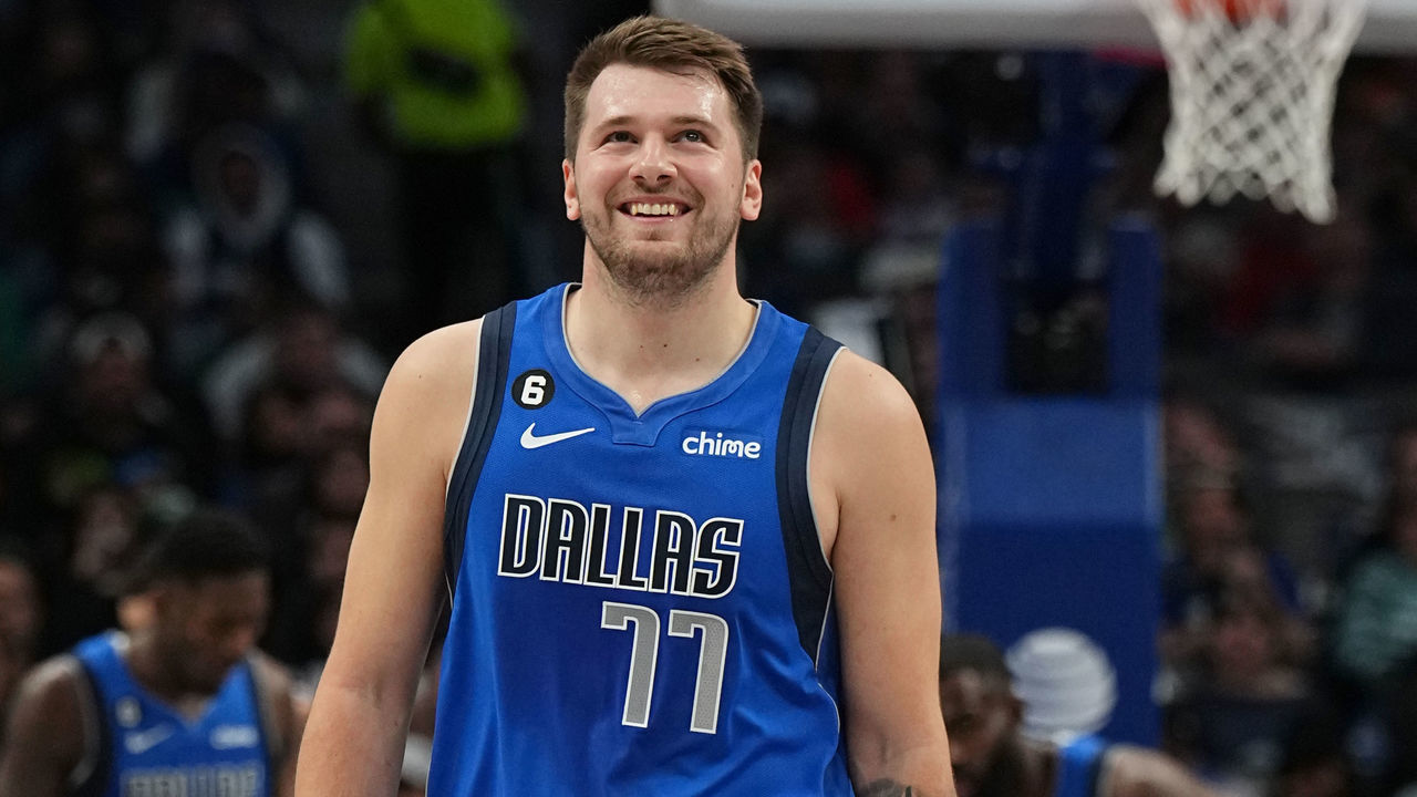 DALLAS, TX - NOVEMBER 18: Luka Doncic #77 of the Dallas Mavericks smiles during the game against the Denver Nuggets on November 18, 2022 at the American Airlines Center in Dallas, Texas. Mandatory Copyright Notice: Copyright 2022 NBAE