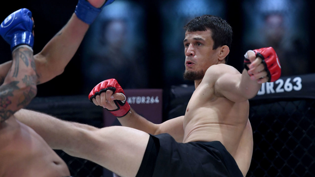 Inglewood, CA - July 31: Usman Nurmagomedov, red gloves, kicks Manny Muro, blue gloves,during Bellator 263: Pitbull vs. McKee at the Forum in Inglewood, CA., Saturday, July 31, 2021. Nurmagomedov defeated Muro by TKO.