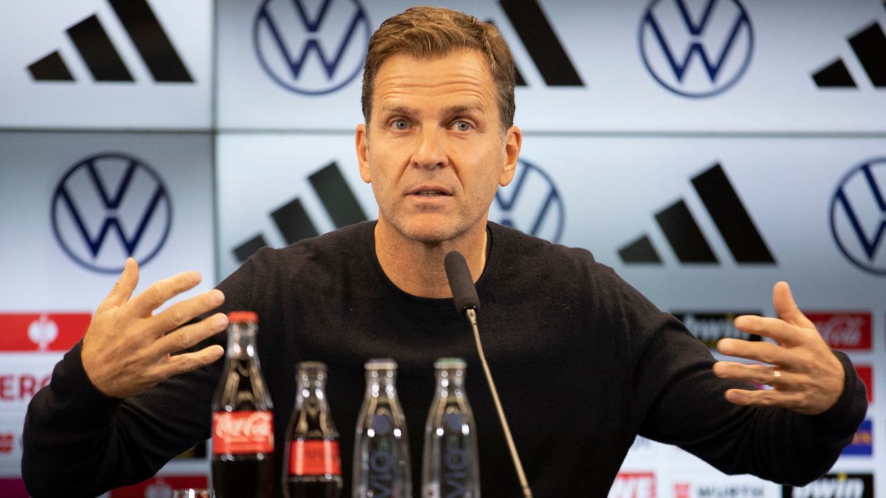 Oliver Bierhoff, technical director of the German national football team, speaks during a press conference of the German national football team on September 20, 2022 in Frankfurt am Main, western Germany, two days before the UEFA Nations League Group 3 football match between Germany and Hungary.