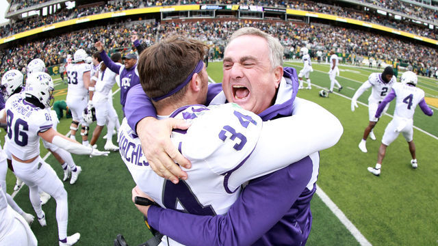 WACO, TEXAS - NOVEMBER 19: Head coach Sonny Dykes of the TCU Horned Frogs celebrates with linebacker Zach Marcheselli #34 of the TCU Horned Frogs after the Horned Frogs beat the Baylor Bears 29-28 at McLane Stadium on November 19, 2022 in Waco, Texas.
