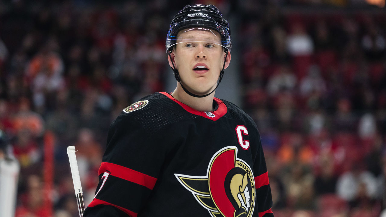 OTTAWA, ON - NOVEMBER 05: Ottawa Senators Left Wing Brady Tkachuk (7) before a face-off during second period National Hockey League action between the Philadelphia Flyers and Ottawa Senators on November 5, 2022, at Canadian Tire Centre in Ottawa, ON, Canada.