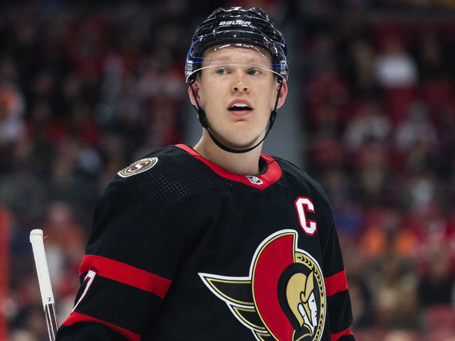 OTTAWA, ON - NOVEMBER 05: Ottawa Senators Left Wing Brady Tkachuk (7) before a face-off during second period National Hockey League action between the Philadelphia Flyers and Ottawa Senators on November 5, 2022, at Canadian Tire Centre in Ottawa, ON, Canada.