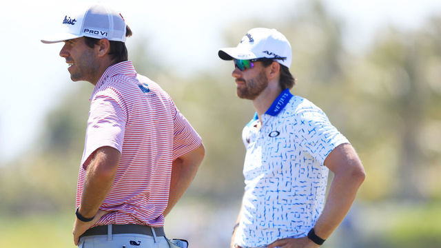 PUNTA CANA, DOMINICAN REPUBLIC - MARCH 25: Ben Martin of the United States and Patrick Rodgers of the United States look on after putting on the 17th green during the second round of the Corales Puntacana Championship at the Corales Golf Course on March 25, 2022 in Punta Cana, Dominican Republic.