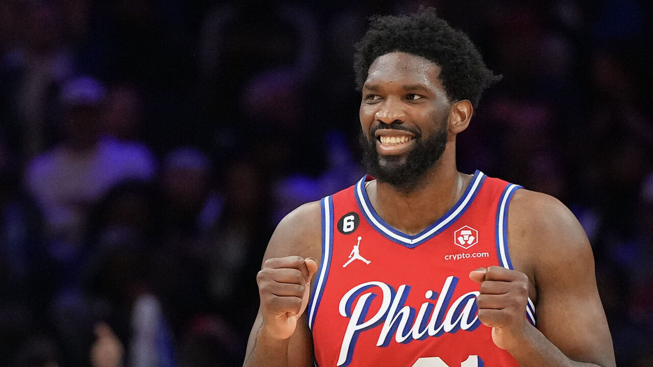 PHILADELPHIA, PA - NOVEMBER 18: Joel Embiid #21 of the Philadelphia 76ers reacts against the Milwaukee Bucks at the Wells Fargo Center on November 18, 2022 in Philadelphia, Pennsylvania.