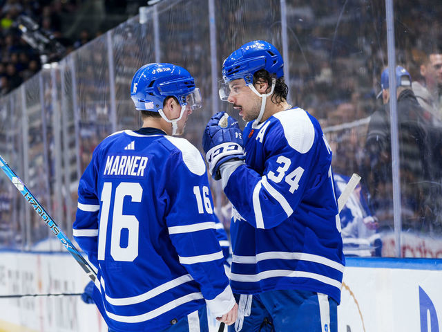 TORONTO, ON - NOVEMBER 19: Mitchell Marner #16 of the Toronto Maple Leafs talks with teammate Auston Matthews #34 during the first period against the Buffalo Sabres at the Scotiabank Arena on November 19, 2022 in Toronto, Ontario, Canada.