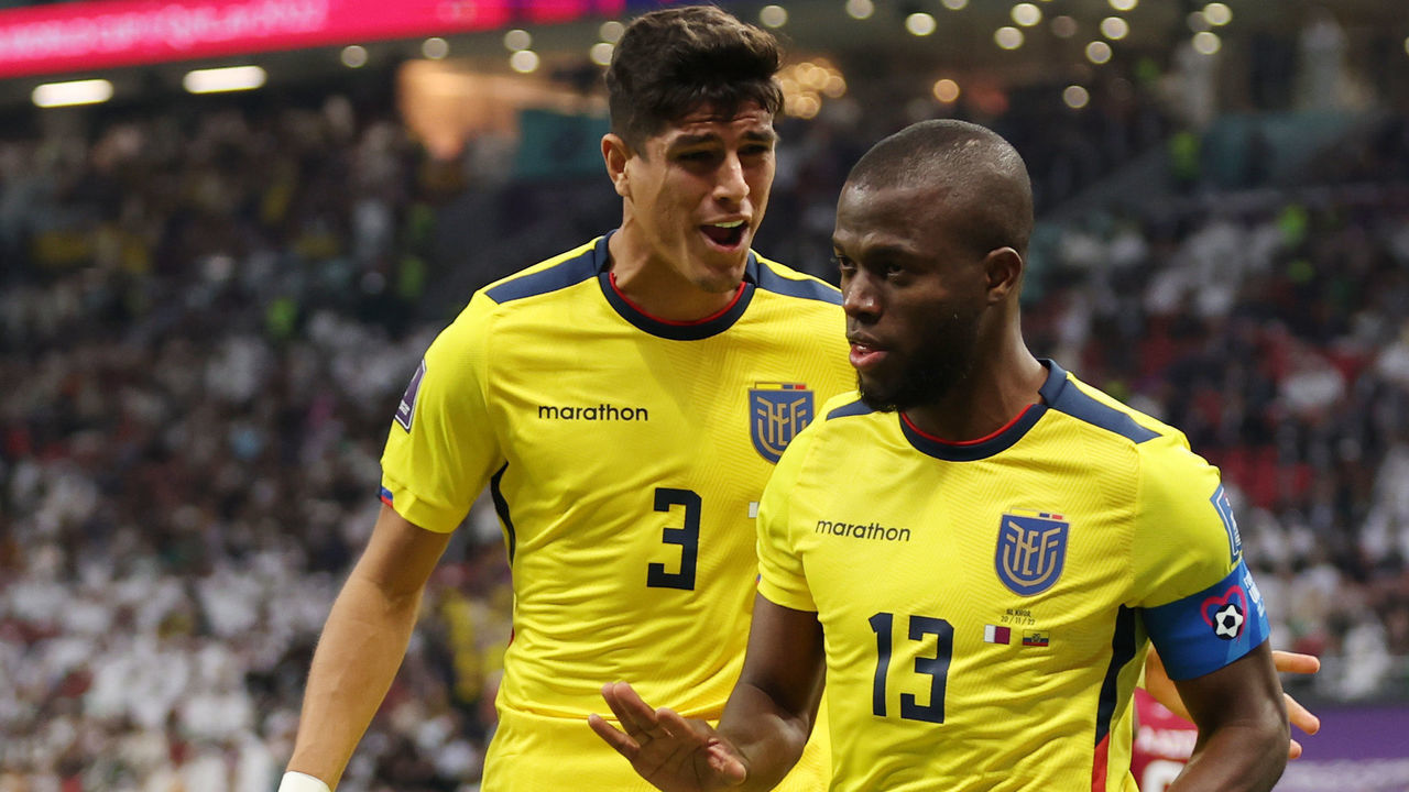 AL KHOR, QATAR - NOVEMBER 20: Enner Valencia of Ecuador celebrates after scoring a goal which was later disallowed by the Video Assistant Referee during the FIFA World Cup Qatar 2022 Group A match between Qatar and Ecuador at Al Bayt Stadium on November 20, 2022 in Al Khor, Qatar.