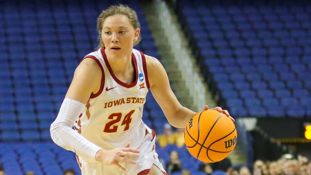 GREENSBORO, NC - MARCH 25: Ashley Joens (24) of the Iowa State Cyclones drives by Tatum Rembao (2) of the Creighton Bluejays during the NCAA Division I Womens Basketball Championship sweet sixteen round game between the Iowa State Cyclones and the Creighton Bluejays on March 25, 2022, at Greensboro Coliseum in Greensboro, NC.