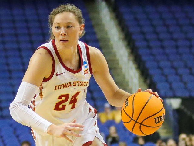 GREENSBORO, NC - MARCH 25: Ashley Joens (24) of the Iowa State Cyclones drives by Tatum Rembao (2) of the Creighton Bluejays during the NCAA Division I Womens Basketball Championship sweet sixteen round game between the Iowa State Cyclones and the Creighton Bluejays on March 25, 2022, at Greensboro Coliseum in Greensboro, NC.