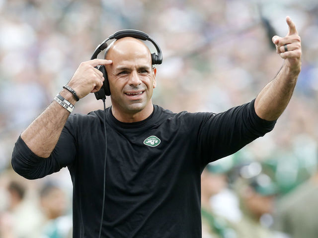 EAST RUTHERFORD, NEW JERSEY - NOVEMBER 06: (NEW YORK DAILIES OUT) Head coach Robert Saleh of the New York Jets in action against the Buffalo Bills at MetLife Stadium on November 06, 2022 in East Rutherford, New Jersey. The Jets defeated the Bills 20-17.