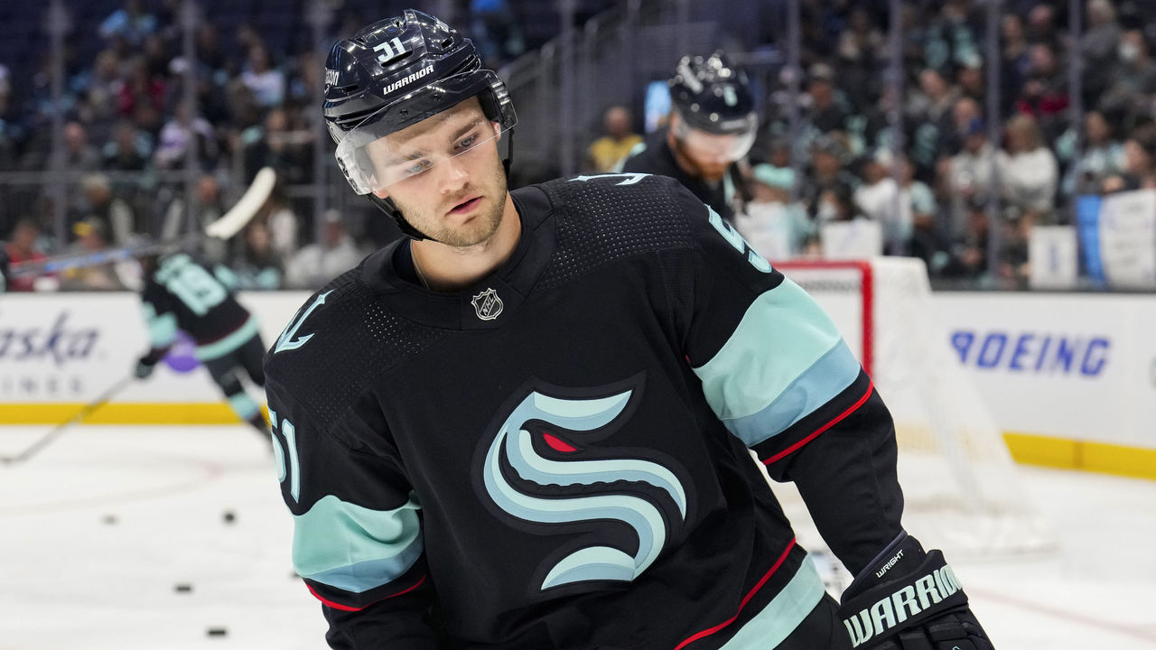 SEATTLE, WA - OCTOBER 15: Shane Wright #51 of the Seattle Kraken during warm ups before a game between the Vegas Golden Knights and the Seattle Kraken at Climate Pledge Arena on October 15, 2022 in Seattle, Washington.