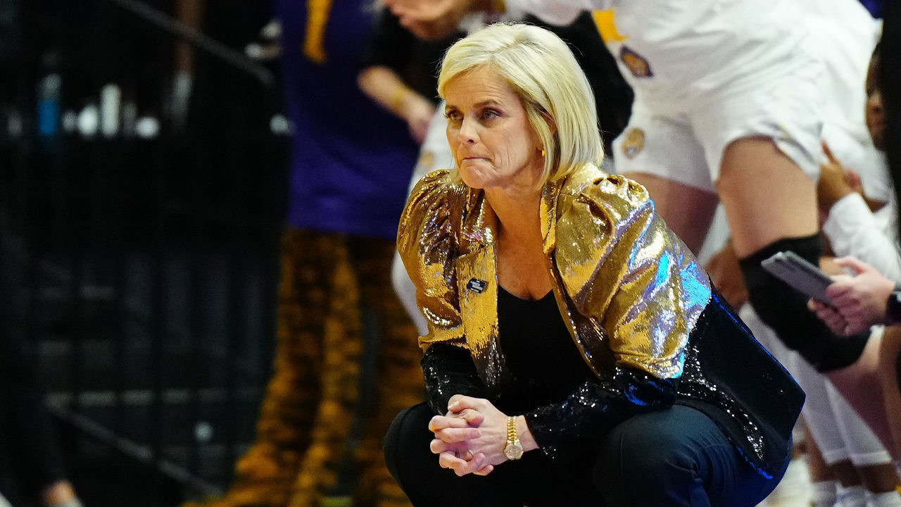 BATON ROUGE, LA - MARCH 19: LSU Tigers head coach Kim Mulkey watches during the first half of the game between the LSU Tigers and the Jackson State Lady Tigers during the first round of the 2022 NCAA Women's Basketball Tournament held at the Pete Maravich Assembly Center on March 19, 2022 in Baton Rouge, Louisiana.