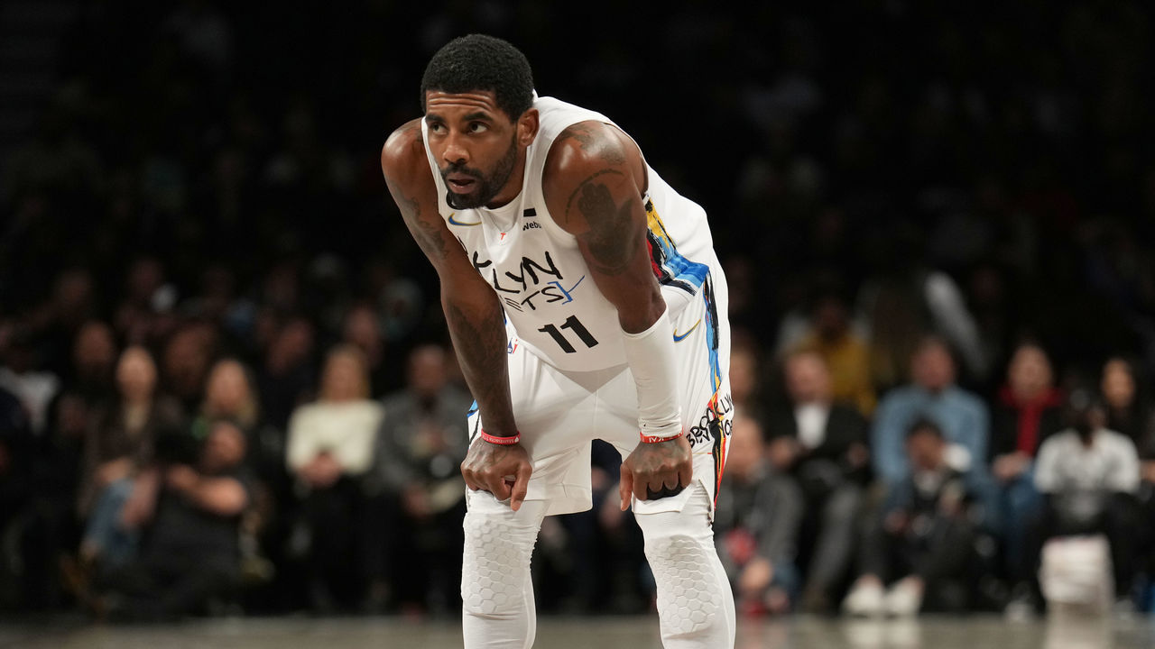 BROOKLYN, NY - NOVEMBER 20: Kyrie Irving #11 of the Brooklyn Nets looks on during the game against the Memphis Grizzlies on November 20, 2022 at Barclays Center in Brooklyn, New York. Mandatory Copyright Notice: Copyright 2022 NBAE