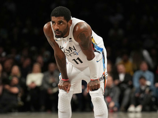 BROOKLYN, NY - NOVEMBER 20: Kyrie Irving #11 of the Brooklyn Nets looks on during the game against the Memphis Grizzlies on November 20, 2022 at Barclays Center in Brooklyn, New York. Mandatory Copyright Notice: Copyright 2022 NBAE