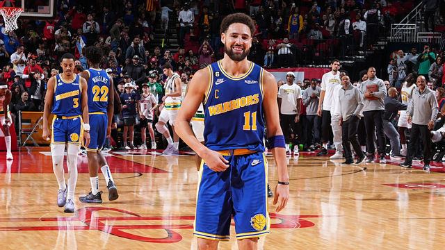 HOUSTON, TX - NOVEMBER 20: Klay Thompson #11 of the Golden State Warriors smiles after the game against the Houston Rockets on November 20, 2022 at the Toyota Center in Houston, Texas. Mandatory Copyright Notice: Copyright 2022 NBAE