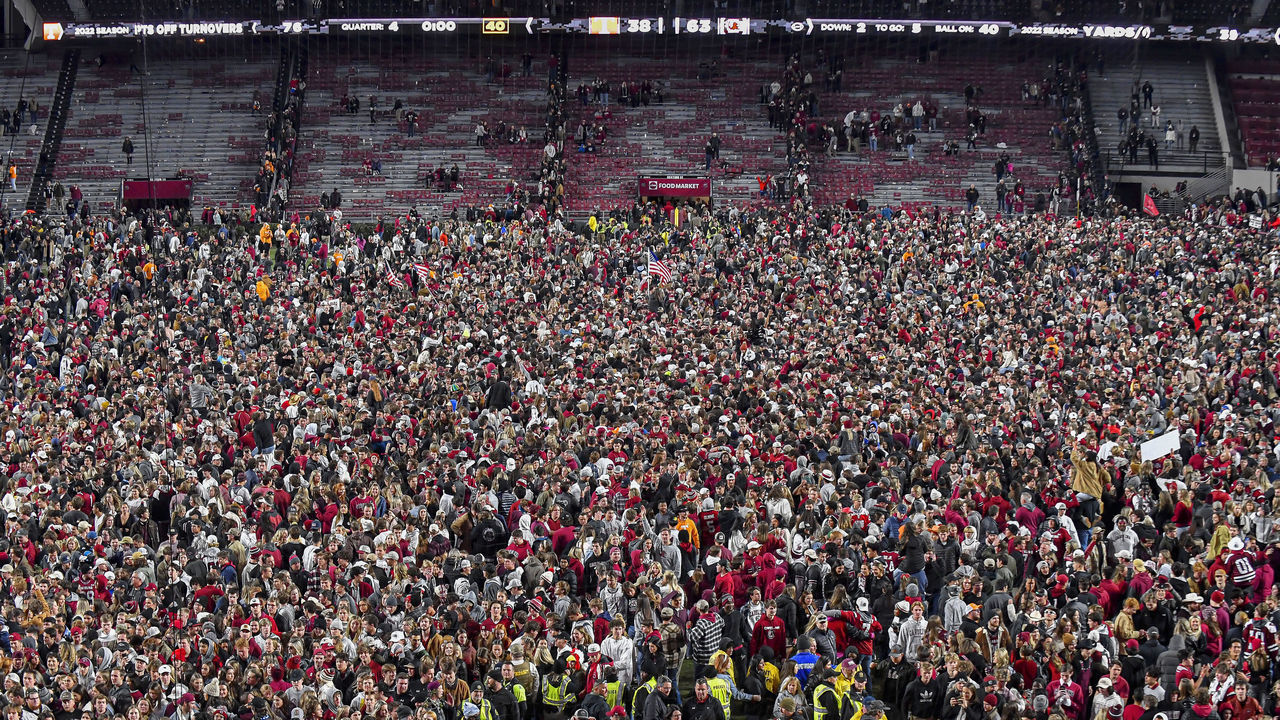 COLUMBIA, SC - NOVEMBER 19: Fans rush the field after a college football game between the Tennessee Volunteers and South Carolina Gamecocks at Williams-Brice Stadium on Saturday, November 19, 2022 in Columbia, SC.