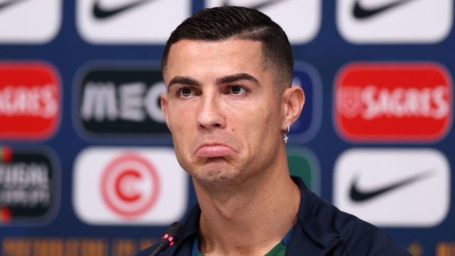 DOHA, QATAR - NOVEMBER 21: Cristiano Ronaldo of Portugal reacts during the Portugal Press Conference on November 21, 2022 in Doha, Qatar.