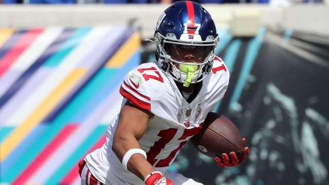 JACKSONVILLE, FLORIDA - OCTOBER 23: Wan'Dale Robinson #17 of the New York Giants runs the ball in the third quarter against the Jacksonville Jaguars at TIAA Bank Field on October 23, 2022 in Jacksonville, Florida.