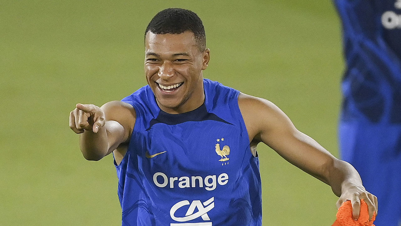 France's forward Kylian Mbappe reacts during a training session at the Jassim-bin-Hamad Stadium in Doha on November 20, 2022, ahead of the Qatar 2022 World Cup football tournament.
