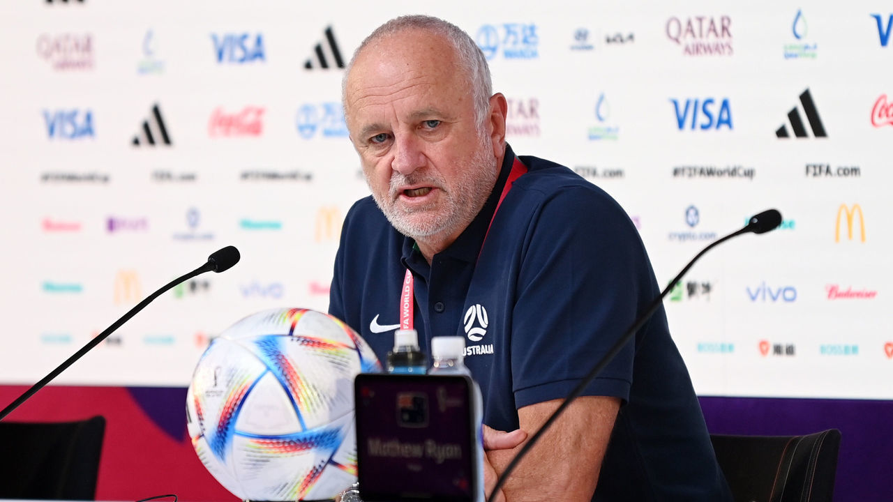 DOHA, QATAR - NOVEMBER 21: Graham Arnold, Head Coach of Australia, speaks during Australia match day -1 Press Conference at Main Media Center on November 21, 2022 in Doha, Qatar.
