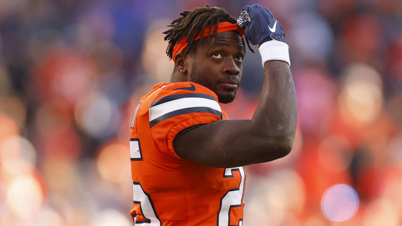 DENVER, COLORADO - NOVEMBER 20: Melvin Gordon III #25 of the Denver Broncos walks off the field after fumbling the football in the second quarter of a game against the Las Vegas Raiders at Empower Field At Mile High on November 20, 2022 in Denver, Colorado.