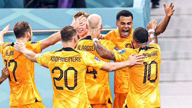 DOHA, QATAR - NOVEMBER 21: Cody Gakpo (8) of Netherlands celebrate with his teammates after scoring a goal during FIFA World Cup Qatar 2022 Group A match between Senegal and Netherlands at Al Thumama Stadium in Doha, Qatar on November 21, 2022.