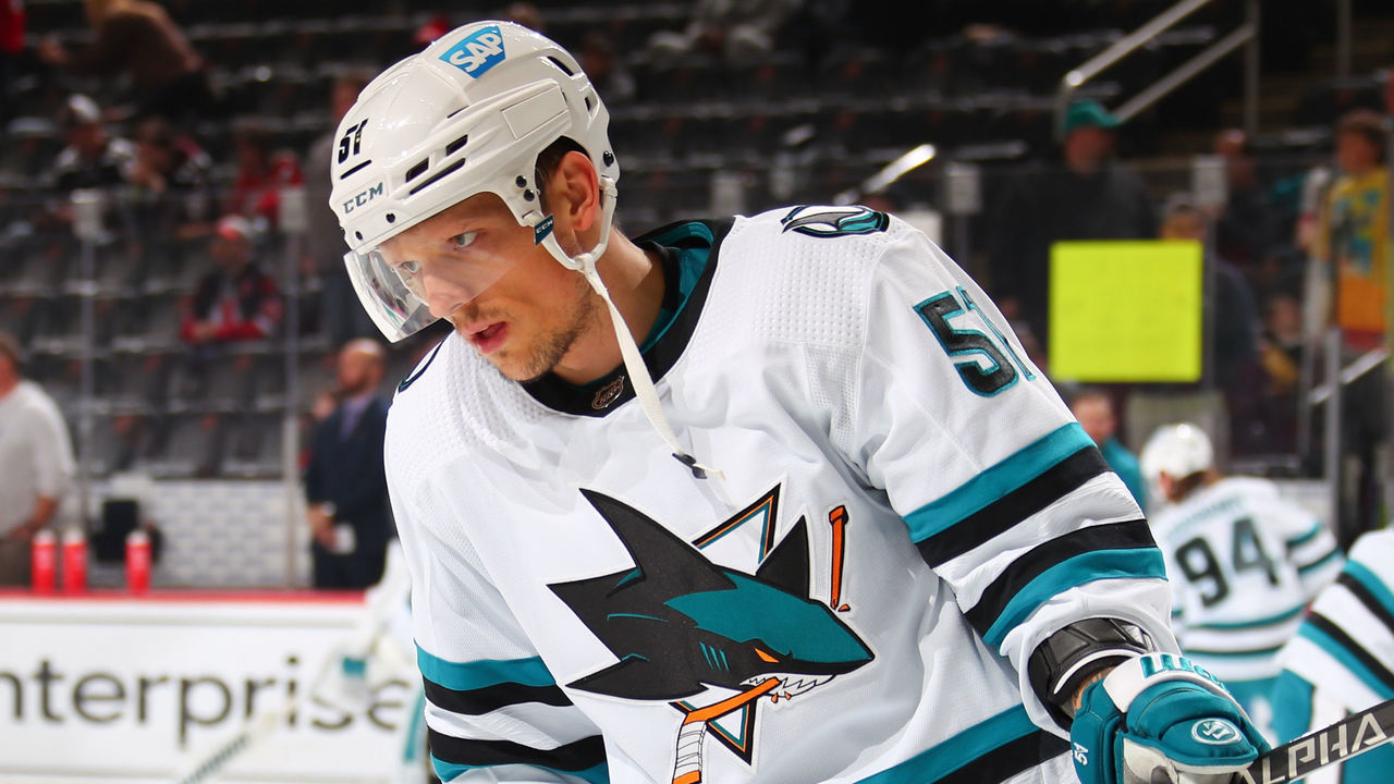 NEWARK, NJ - OCTOBER 22: San Jose Sharks defenseman Radim Simek (51) warms up prior to the game against the New Jersey Devils on October 22, 2022 at the Prudential Center in Newark, New Jersey.