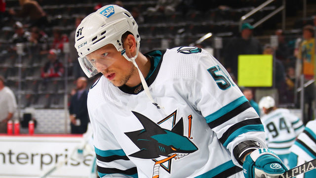 NEWARK, NJ - OCTOBER 22: San Jose Sharks defenseman Radim Simek (51) warms up prior to the game against the New Jersey Devils on October 22, 2022 at the Prudential Center in Newark, New Jersey.