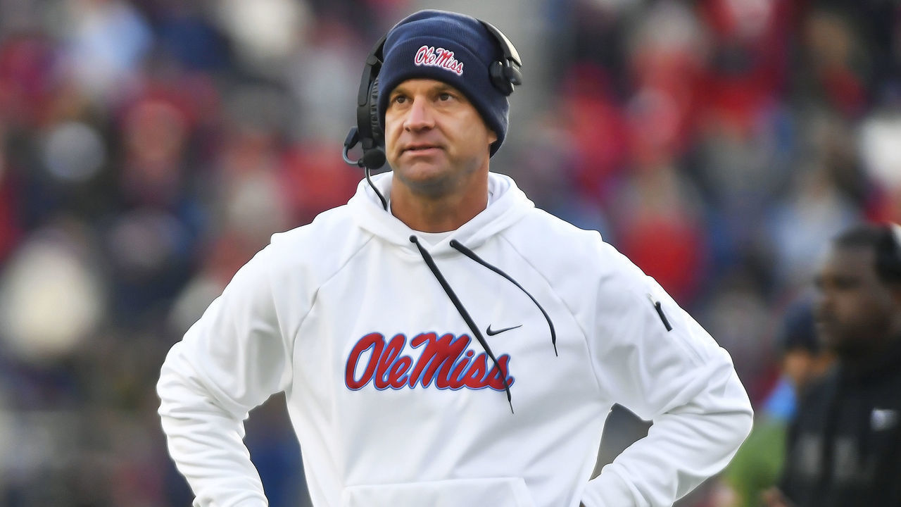 OXFORD, MS - NOVEMBER 12: Mississippi Rebels coach Lane Kiffin watches a replay on the big screen during the first quarter of a college football game between the Alabama Crimson Tide and Mississippi Rebels at Vaught-Hemingway Stadium on Saturday, November 12, 2022 in Oxford, MS.