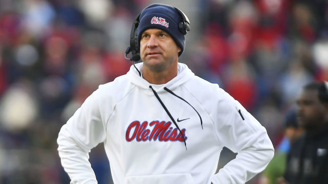 OXFORD, MS - NOVEMBER 12: Mississippi Rebels coach Lane Kiffin watches a replay on the big screen during the first quarter of a college football game between the Alabama Crimson Tide and Mississippi Rebels at Vaught-Hemingway Stadium on Saturday, November 12, 2022 in Oxford, MS.