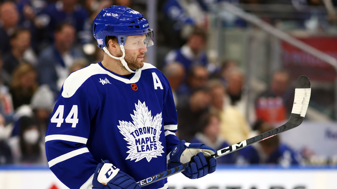 TORONTO, ON - NOVEMBER 19: Morgan Rielly #44 of the Toronto Maple Leafs skates against the Buffalo Sabres at the Scotiabank Arena on November 19, 2022 in Toronto, Ontario, Canada.