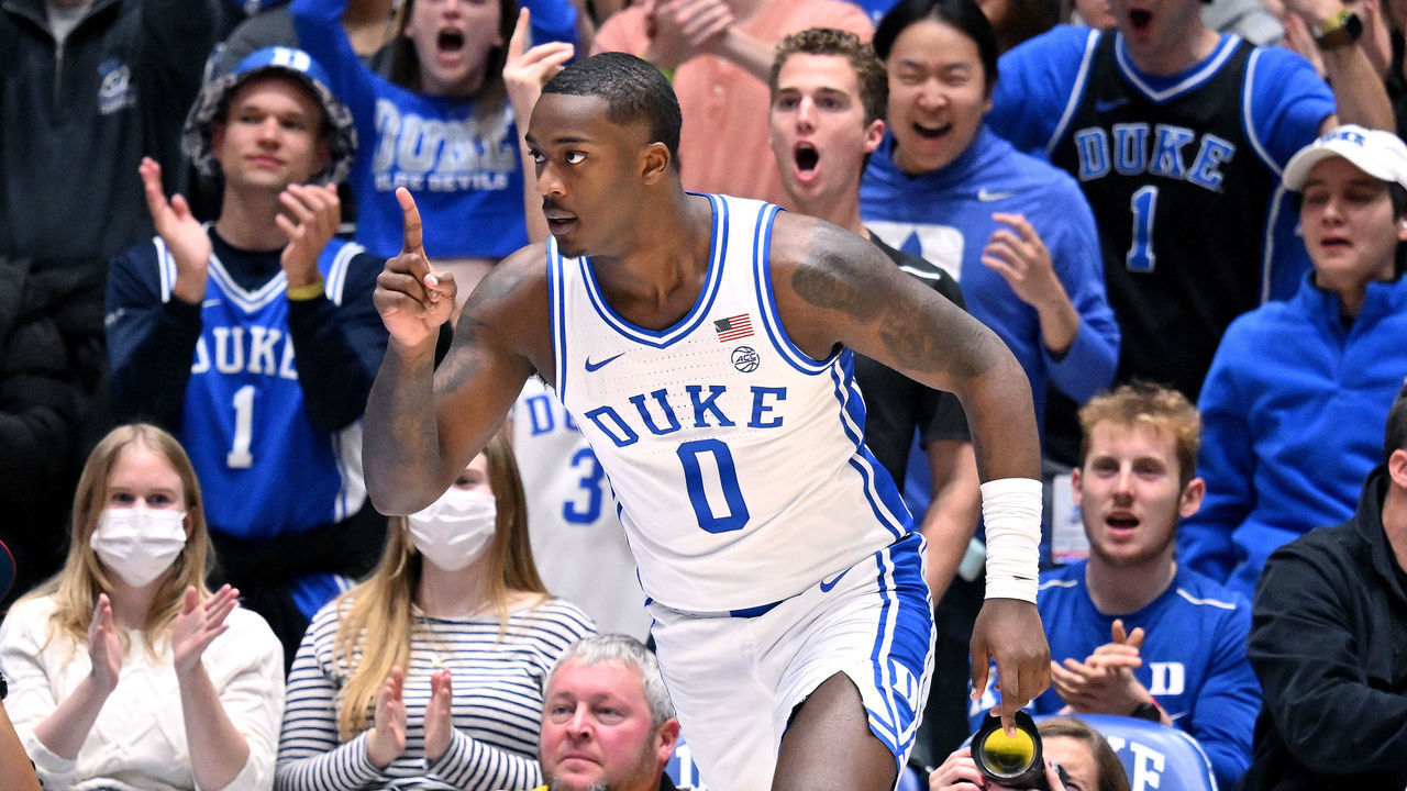 DURHAM, NORTH CAROLINA - NOVEMBER 21: Dariq Whitehead #0 of the Duke Blue Devils reacts after making a three-point basket against the Bellarmine Knights during the first half of their game at Cameron Indoor Stadium on November 21, 2022 in Durham, North Carolina.