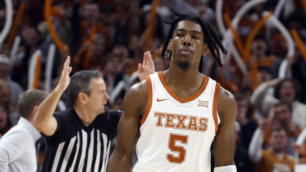 AUSTIN, TX - NOVEMBER 16: Texas guard Marcus Carr (5) reacts after making a three pointer during the game against the Gonzaga Bulldogs at the Moody Center in Austin, TX on November 16, 2022. (Photo by Adam Davis/Icon Sportswire via Getty Images