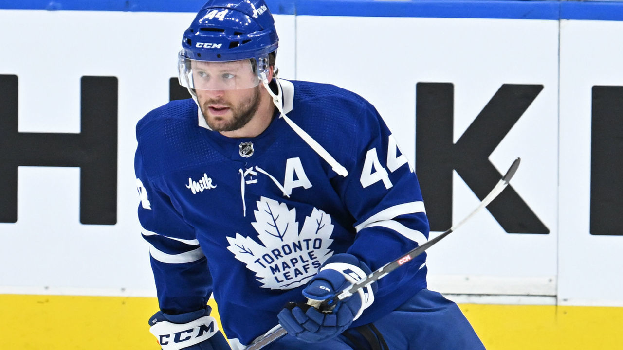 TORONTO, ON - NOVEMBER 02: Toronto Maple Leafs Defenceman Morgan Rielly (44) in warmups prior to the regular season NHL game between the Philadelphia Flyers and Toronto Maple Leafs on November 2, 2022 at Scotiabank Arena in Toronto, ON.