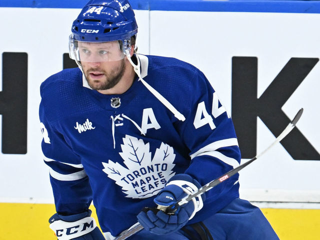 TORONTO, ON - NOVEMBER 02: Toronto Maple Leafs Defenceman Morgan Rielly (44) in warmups prior to the regular season NHL game between the Philadelphia Flyers and Toronto Maple Leafs on November 2, 2022 at Scotiabank Arena in Toronto, ON.