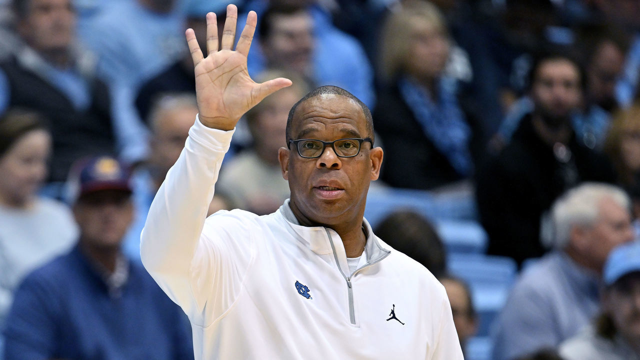 CHAPEL HILL, NORTH CAROLINA - NOVEMBER 20: Head coach Hubert Davis of the North Carolina Tar Heels directs his team during their game against the James Madison Dukes at the Dean E. Smith Center on November 20, 2022 in Chapel Hill, North Carolina.