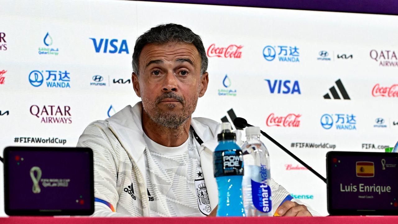 Spain's coach Luis Enrique gives a press conference at the Qatar National Convention Center (QNCC) in Doha, on November 22, 2022, on the eve of the Qatar 2022 World Cup football tournament Group E match between Spain and Costa Rica.