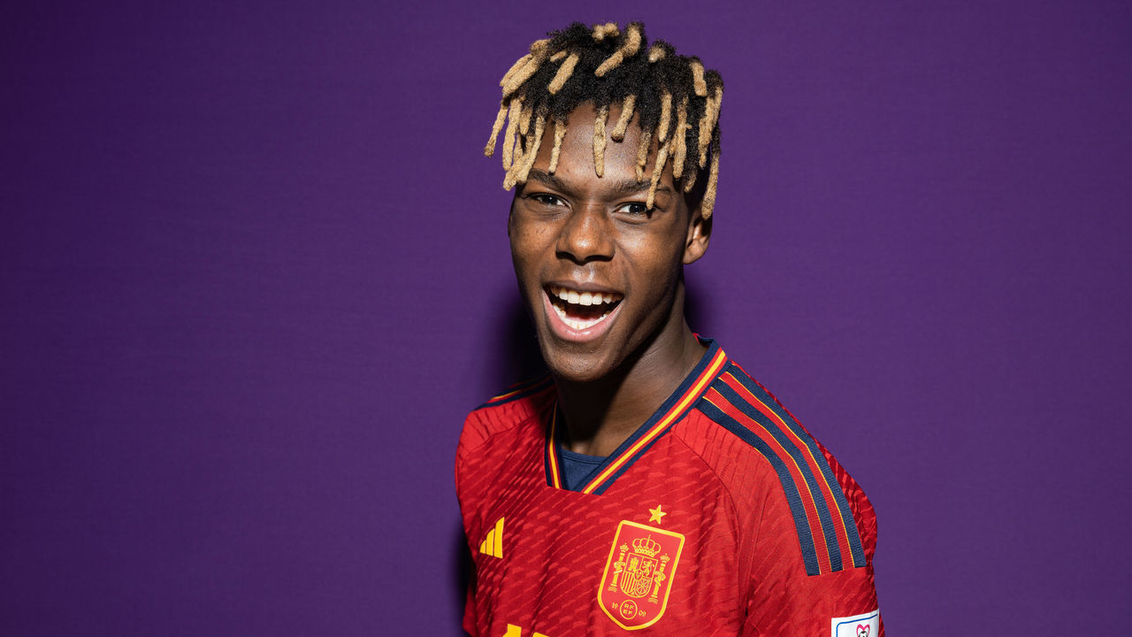 DOHA, QATAR - NOVEMBER 18: Nico Williams of Spain poses during the official FIFA World Cup Qatar 2022 portrait session on November 18, 2022 in Doha, Qatar.
