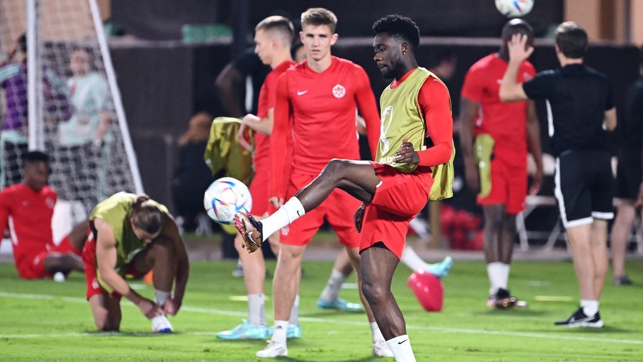 Canada's forward Alphonso Davies takes part in a training session at the Umm Salal SC training site in Doha on November 22, 2022, on the eve of the Qatar 2022 World Cup football tournament Group F match between Belgium and Canada.