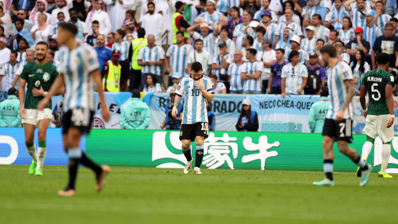 LUSAIL CITY, QATAR - NOVEMBER 22: Lionel Messi of Argentina looks dejected during the FIFA World Cup Qatar 2022 Group C match between Argentina and Saudi Arabia at Lusail Stadium on November 22, 2022 in Lusail City, Qatar.