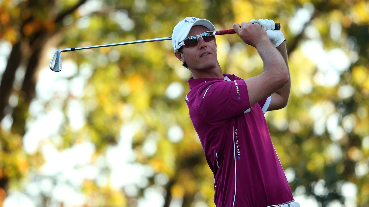 MEDINAH, IL - SEPTEMBER 29: Nicolas Colsaerts of Europe watches his tee shot on the 17th hole during day two of the Afternoon Four-Ball Matches for The 39th Ryder Cup at Medinah Country Club on September 29, 2012 in Medinah, Illinois.