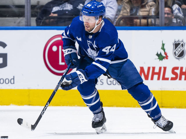 TORONTO, ON - NOVEMBER 21: Morgan Rielly #44 of the Toronto Maple Leafs skates against the New York Islanders during the first period at the Scotiabank Arena on November 21, 2022 in Toronto, Ontario, Canada.