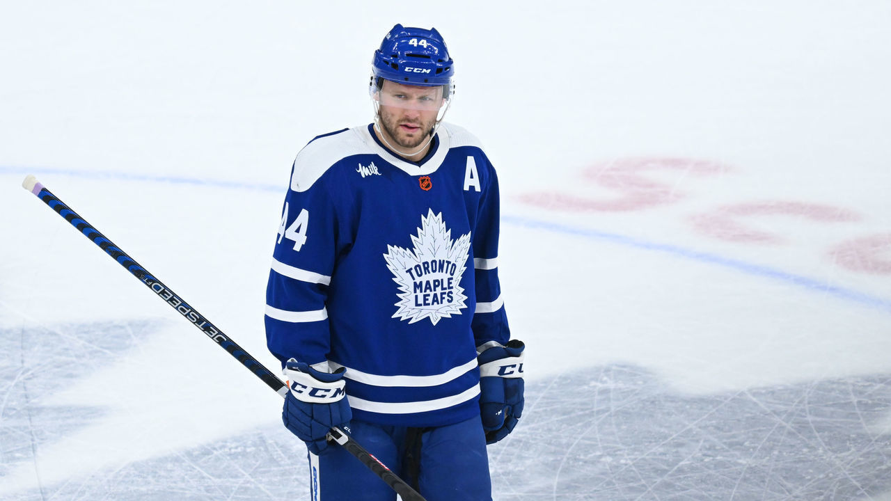 TORONTO, ON - NOVEMBER 19: TORONTO, ON - November 19: Toronto Maple Leafs Defenceman Morgan Rielly (44) looks on after the whistle in the first period during the NHL regular season game between the Buffalo Sabres and the Toronto Maple Leafs on November 19, 2022 at Scotiabank Arena in Toronto, ON.