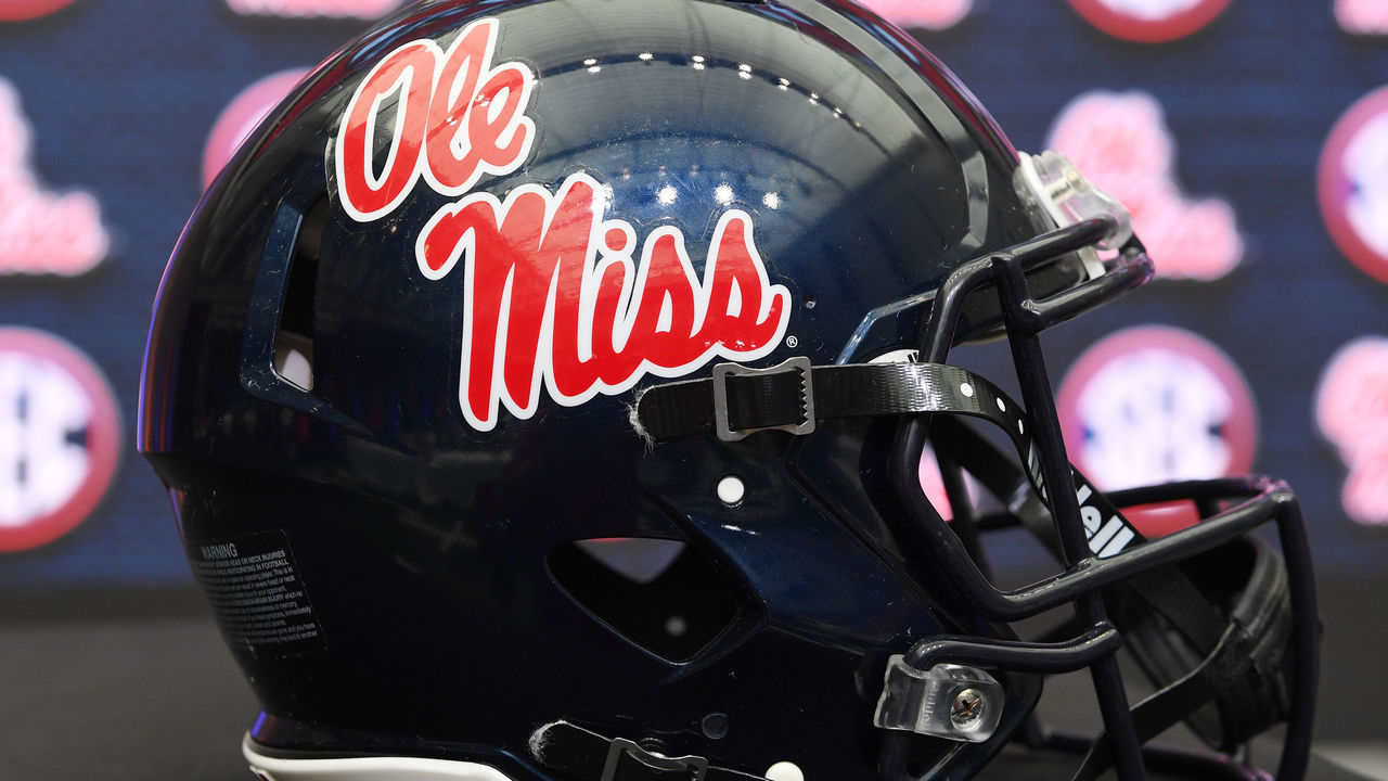 ATLANTA, GA - JULY 18: Ole Miss Rebels football helmet sits on the stage during the SEC Football Kickoff Media Days on July 18, 2022, at the College Football Hall of Fame in Atlanta, GA.