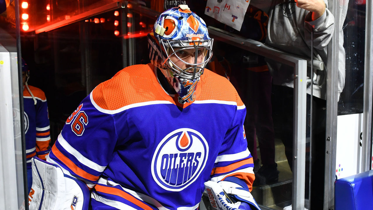 EDMONTON, CANADA - OCTOBER 20: Jack Campbell #36 of the Edmonton Oilers approaches the ice for the pre-game skate before the game against the Carolina Hurricanes on October 20, 2022 at Rogers Place in Edmonton, Alberta, Canada.