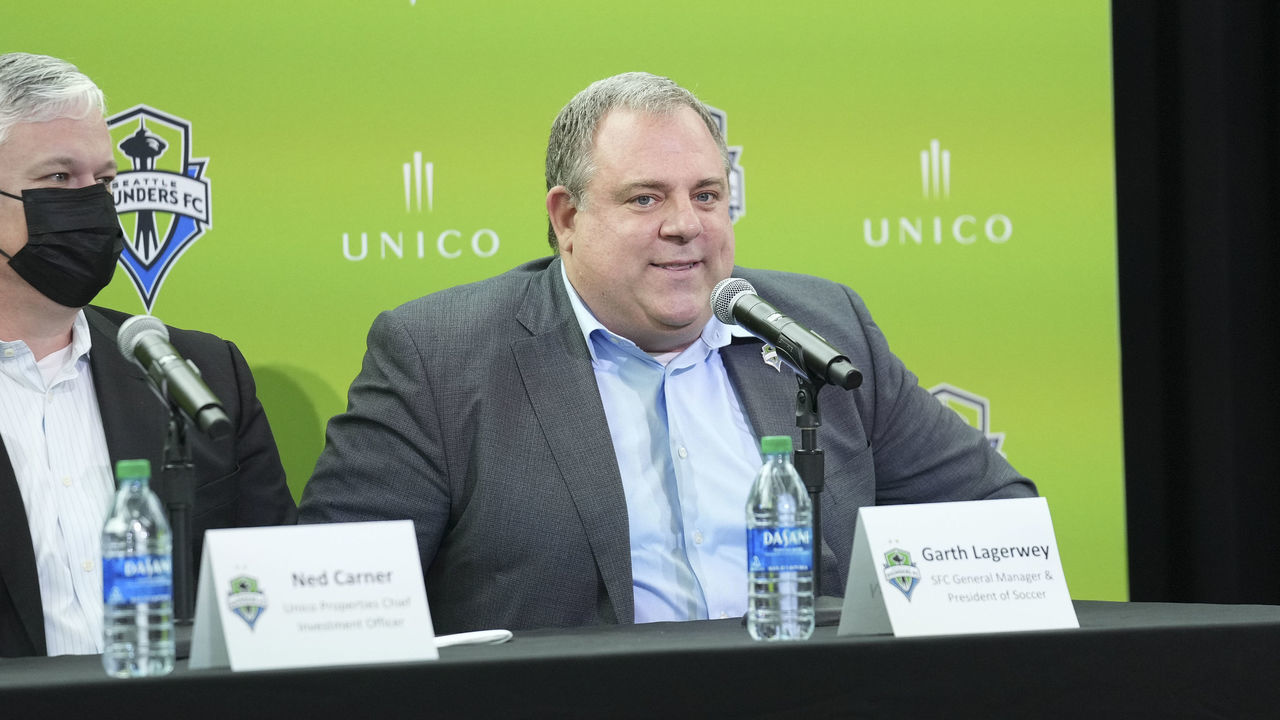RENTON, WA - FEBRUARY 16: Seattle Sounders General Manager Garth Lagerwey speaks during a Seattle Sounders Press Conference at the new Sounders headquarters at the Sounders FC Center at Longacres facility on February 16, 2022 in Renton, WA.