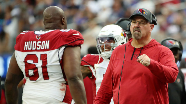 INGLEWOOD, CALIFORNIA - OCTOBER 03: Offensive line coach Sean Kugler of the Arizona Cardinals fist bumps Rodney Hudson #61 after a play during the fourth quarter against the Los Angeles Rams at SoFi Stadium on October 03, 2021 in Inglewood, California.