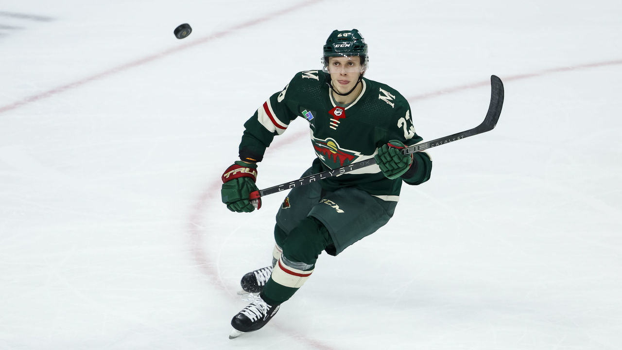 ST PAUL, MN - NOVEMBER 01: Marco Rossi #23 of the Minnesota Wild watches the puck in the air in the second period of the game against the Montreal Canadiens at Xcel Energy Center on November 1, 2022 in St Paul, Minnesota.
