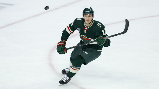 ST PAUL, MN - NOVEMBER 01: Marco Rossi #23 of the Minnesota Wild watches the puck in the air in the second period of the game against the Montreal Canadiens at Xcel Energy Center on November 1, 2022 in St Paul, Minnesota.