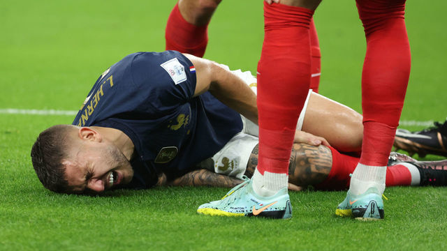 AL WAKRAH, QATAR - NOVEMBER 22: Lucas Hernandez of France is injured early in the match and has to be substituted during the FIFA World Cup Qatar 2022 Group D match between France and Australia at Al Janoub Stadium on November 22, 2022 in Al Wakrah, Qatar.
